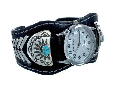 Navajo Turquoise Sterling Silver And Leather Cuff Watch SN20314